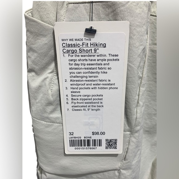 Lululemon Men’s Classic-Fit Hiking Cargo Short 9" Color Bone White Size 32 NWT - Picture 3 of 7